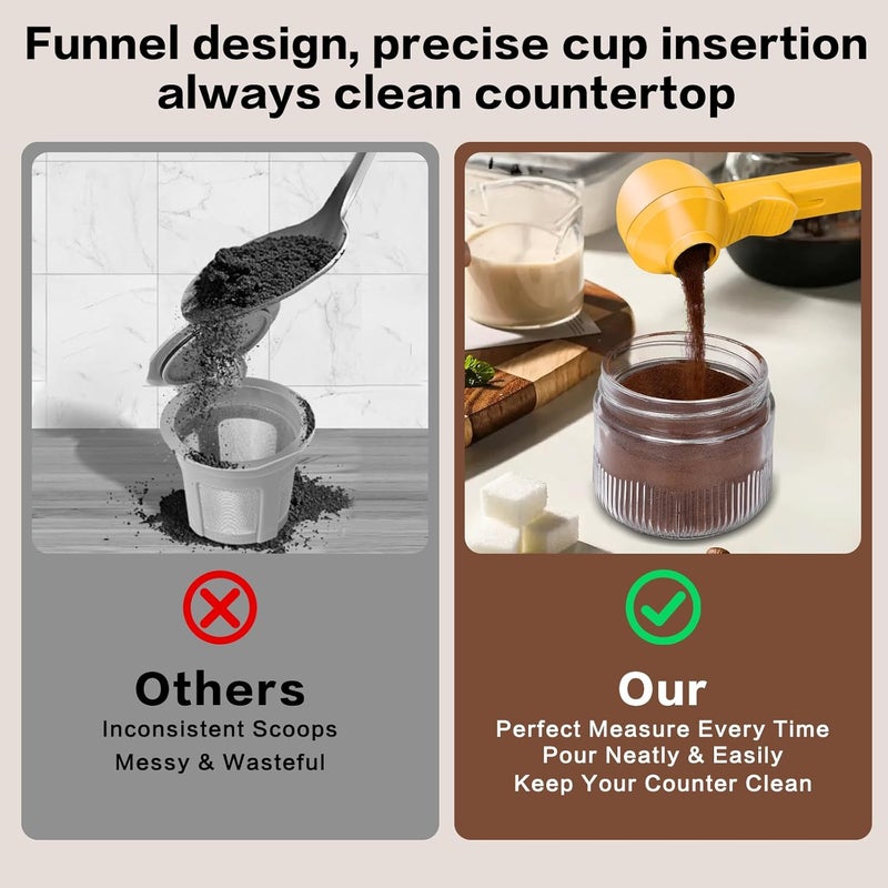 CEILUPY 2-in-1 Coffee Scoop with Funnel, 2 Teaspoon Measuring Spoon for Reusable Pods, Ground Coffee, Protein Powder & Tea, Mess-Free Plastic Design (Yellow) - Image 3